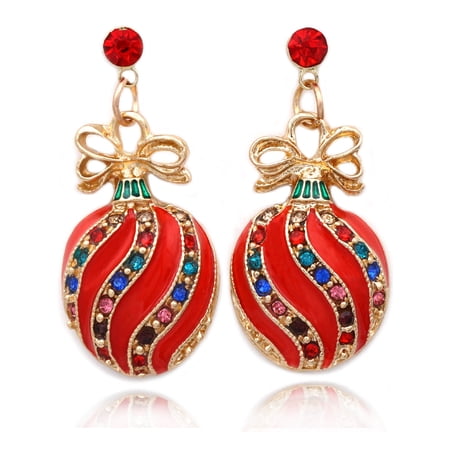 cocojewelry Christmas Ornament Wreath Red Bow Poinsettia Post Stud Earrings