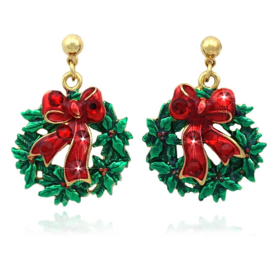 cocojewelry Christmas Wreath Red Bow Poinsettia Dangle Post Earrings