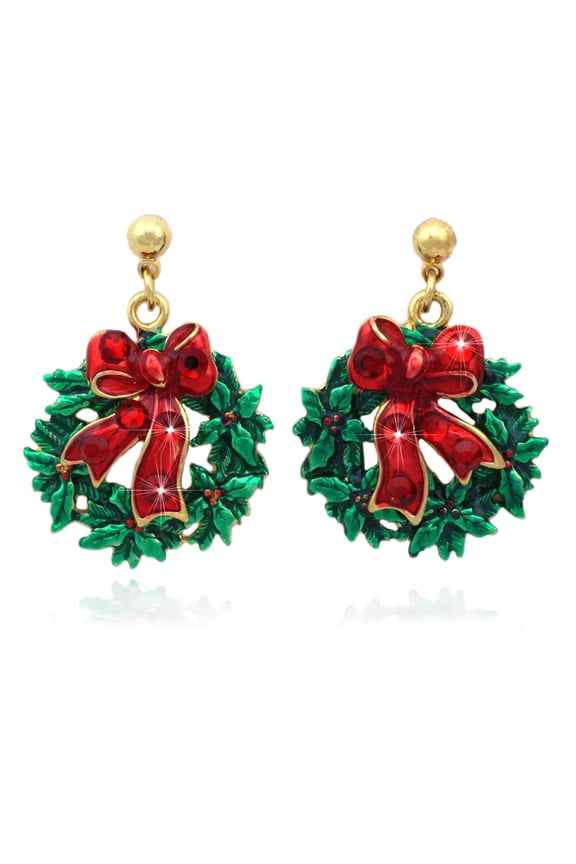 Christmas Wreath Red Bow Poinsettia Dangle Post Earrings