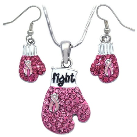 cocojewelry Pink Ribbon Breast Cancer Awareness Boxing Glove Necklace Dangle Earrings Set