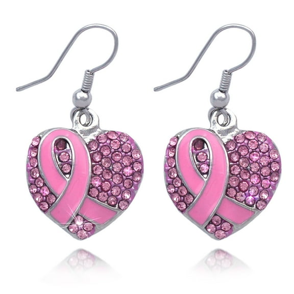 cocojewelry Support Breast Cancer Awareness Pink Ribbon Heart Dangle Hook Earrings