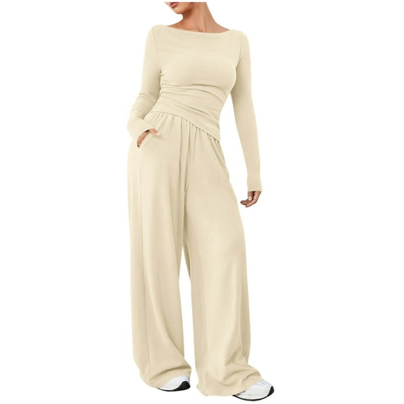 cocolona 2 Piece Sets for Women Long Sleeve Tops and Wide Leg Pants Fall Winter Lounge Sets Two Piece Travel Outfits
