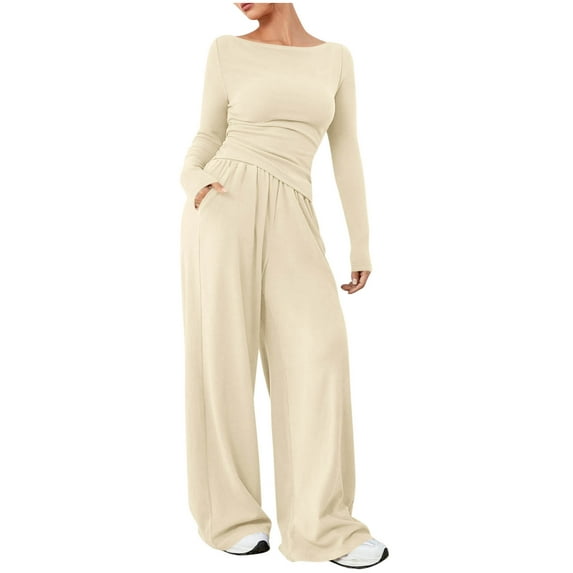 cocolona 2 Piece Sets for Women Long Sleeve Tops and Wide Leg Pants Fall Winter Lounge Sets Two Piece Travel Outfits