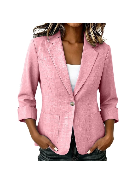 3/4 Sleeve Blazer for Women Solid Color Dressy Casual Open Front Button Suit Jacket LightWeight Work Office Outerwear