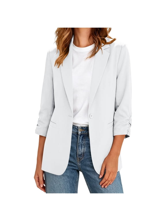 3/4 Sleeve Blazers for Women Lapel Button Open Front Suit Jacket Business Dressy Casual Outerwear