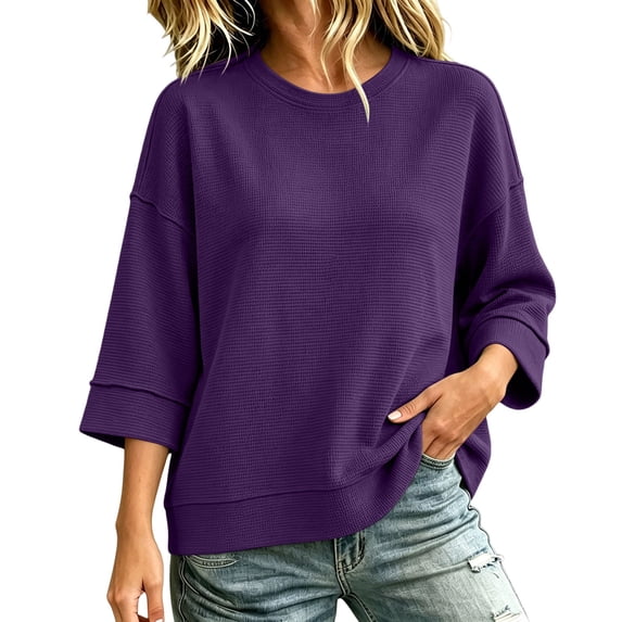 cocolona 3/4 Sleeve Sweatshirts for Women Loose Fit Crew Neck Casual Solid Color Fall Pullover Tops