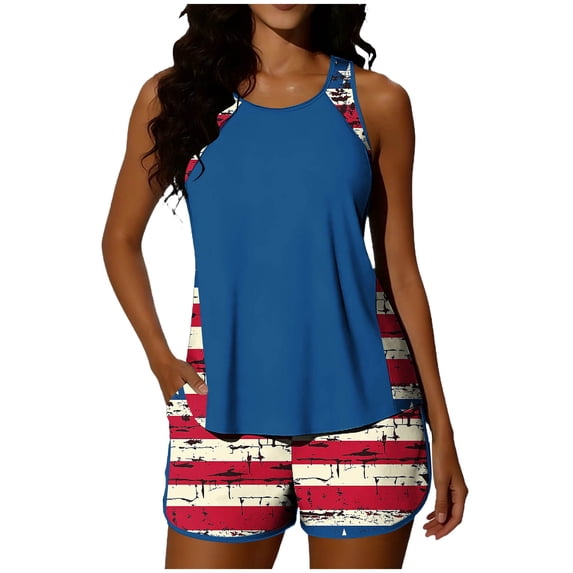 cocolona 4th of July Patriotic Tankini Swimsuits for Women Independence Day Two Piece Modest Bathing Suit with Boyshorts Holiday Vacation Beach Swimwear