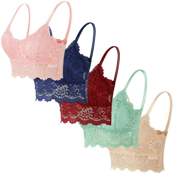 cocolona 5 Pack Womens Lace Camisole Bralette Bras Fashion Solid Color Hollow Out Mesh Lace Bras Underwear