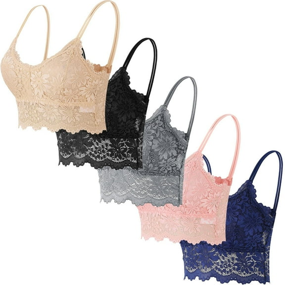cocolona 5 Pack Womens Lace Camisole Bralette Bras Fashion Solid Color Hollow Out Mesh Lace Bras Underwear