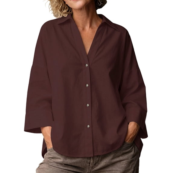 cocolona Button Down Oversized Shirts Loose 3/4 Sleeve Lapel Blouses Solid Color Casual Tops