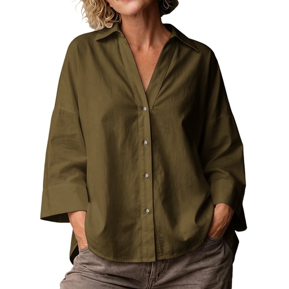 cocolona Button Down Oversized Shirts Loose 3/4 Sleeve Lapel Blouses Solid Color Casual Tops