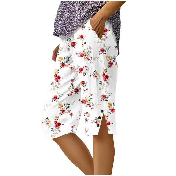 cocolona Capri Pants for Women Summer Vacation Beach Bermuda Shorts Fashion Floral Print Side Slit Button Cropped Pants White XL