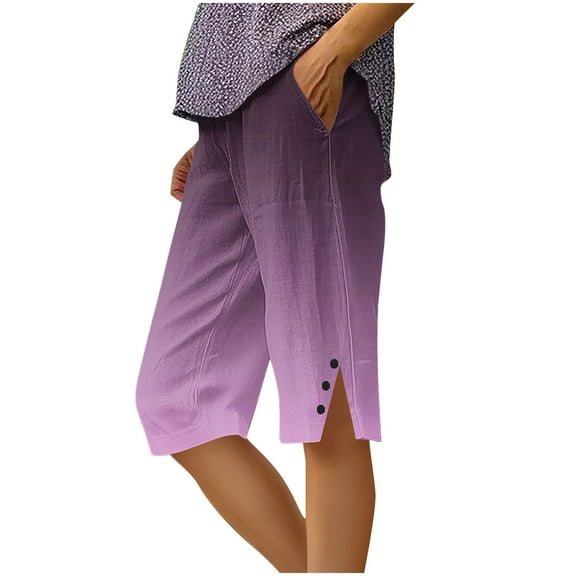 cocolona Capri Pants for Women Summer Vacation Beach Bermuda Shorts Fashion Gradient Print Side Slit Button Cropped Pants Purple L