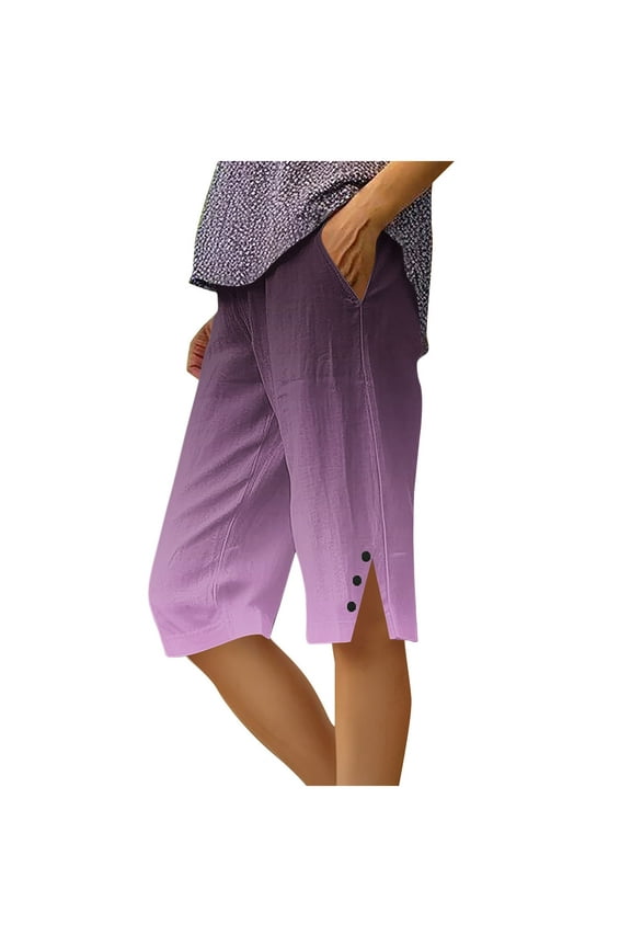 Capri Pants for Women Summer Vacation Beach Bermuda Shorts Fashion Gradient Print Side Slit Button Cropped Pants Purple L