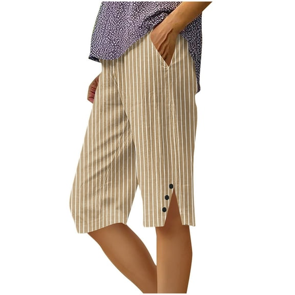 cocolona Capri Pants for Women Summer Vacation Beach Bermuda Shorts Fashion Striped Print Side Slit Button Cropped Pants Khaki M