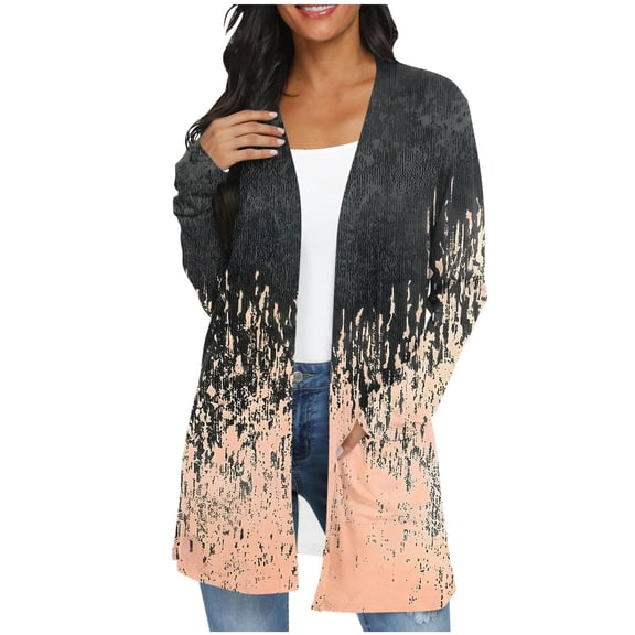 cocolona Cardigan for Women Lightweight Open Front Long Sleeve Cardigan Coat Fall Fashion Casual Print Outwear with Pockets