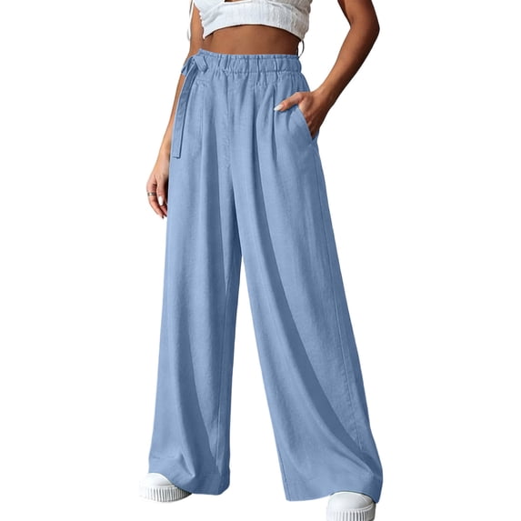 cocolona Casual Loose Wide Leg Pants for Women Summer Solid Color Elastic Waist Straight Trousers with Pocket