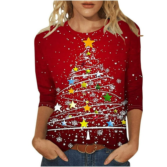 cocolona Christmas Shirts for Women Crew Neck 3/4 Sleeve T-shirt Plus Size Fall Tops Xmas Tree Print Blouses Graphic Tees Christmas Holiday Gifts
