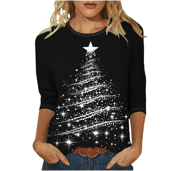 cocolona Christmas Shirts for Women Crew Neck 3/4 Sleeve T-shirt Plus Size Fall Tops Xmas Tree Print Blouses Graphic Tees Christmas Holiday Gifts