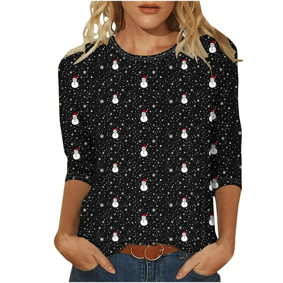 cocolona Christmas Shirts for Women Crew Neck 3/4 Sleeve T-shirt Plus Size Fall Tops Xmas Tree Print Blouses Graphic Tees Christmas Holiday Gifts