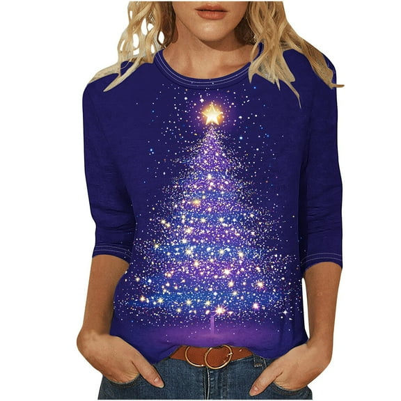 cocolona Christmas Shirts for Women Crew Neck 3/4 Sleeve T-shirt Plus Size Fall Tops Xmas Tree Print Blouses Graphic Tees Christmas Holiday Gifts
