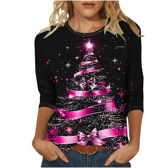 cocolona Christmas Shirts for Women Crew Neck 3/4 Sleeve T-shirt Plus Size Fall Tops Xmas Tree Print Blouses Graphic Tees Christmas Holiday Gifts