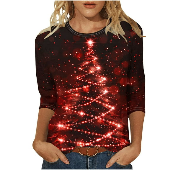 cocolona Christmas Shirts for Women Crew Neck 3/4 Sleeve T-shirt Plus Size Fall Tops Xmas Tree Print Blouses Graphic Tees Christmas Holiday Gifts