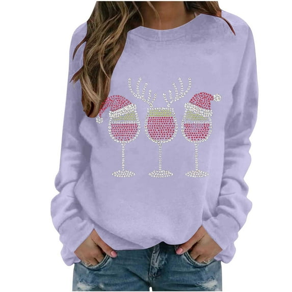 cocolona Christmas Sweatshirts for Women Crewneck Long Sleeve Shirts Xmas Wine Glass Graphic Sweatshirts Fall Pullover Tops Casual Blouses Christmas Gifts