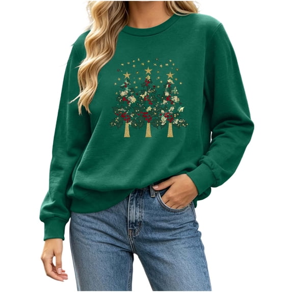 cocolona Christmas Sweatshirts for Women Christmas Tree Printed Crew Neck Long Sleeve Pullover Sweatshirts
