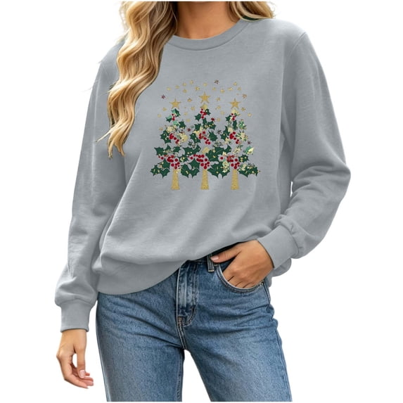cocolona Christmas Sweatshirts for Women Christmas Tree Printed Crew Neck Long Sleeve Pullover Sweatshirts