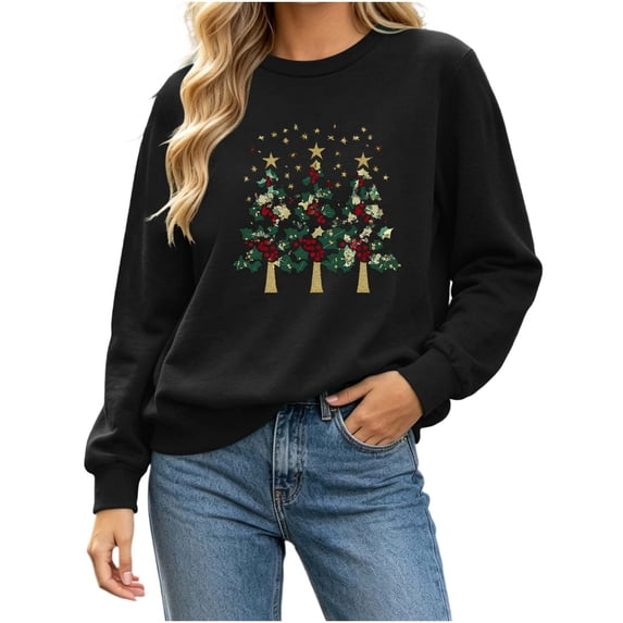 cocolona Christmas Sweatshirts for Women Christmas Tree Printed Crew Neck Long Sleeve Pullover Sweatshirts