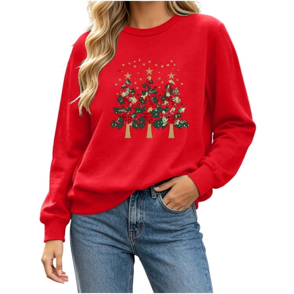 cocolona Christmas Sweatshirts for Women Christmas Tree Printed Crew Neck Long Sleeve Pullover Sweatshirts