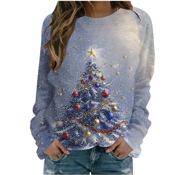 cocolona Christmas Sweatshirts for Women Crewneck Long Sleeve Shirts Xmas Tree Graphic Sweatshirts Fall Pullover Tops Casual Loose Blouses