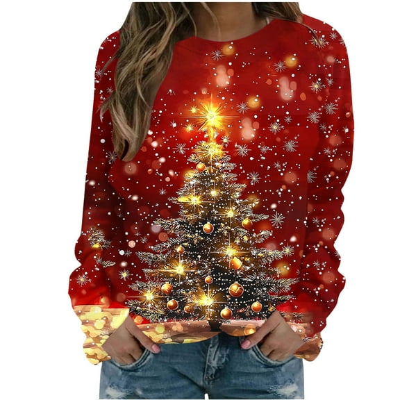 cocolona Christmas Sweatshirts for Women Crewneck Long Sleeve Shirts Xmas Tree Graphic Sweatshirts Fall Pullover Tops Casual Loose Blouses