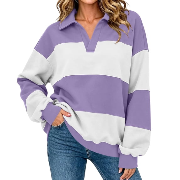 cocolona Classic Lapel Sweatshirts for Women Long Sleeve Color Block Striped Fall Trendy Tops