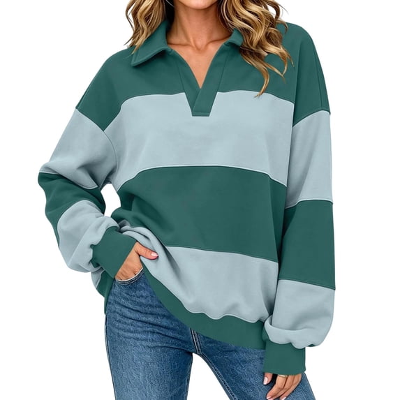 cocolona Classic Lapel Sweatshirts for Women Long Sleeve Color Block Striped Fall Trendy Tops