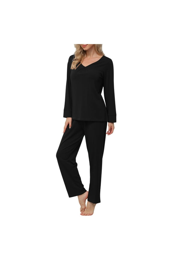 Comfy Pajamas for Women 2 Piece Long Sleeve V Neck Tops and Pants Casual Loose Solid Loungewear