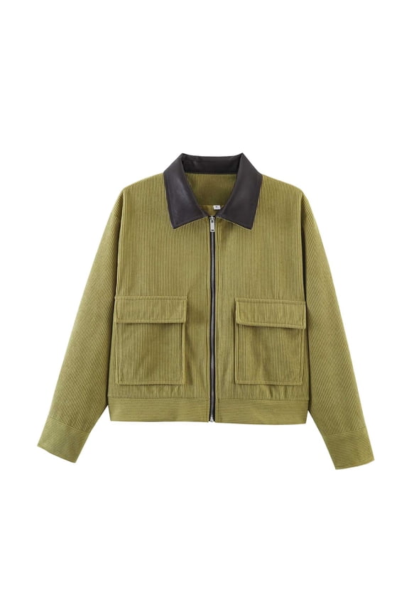 Corduroy Cropped Jackets for Women Contrast Collar Cargo Coat Long Sleeve Zipper Outwear with Pockets