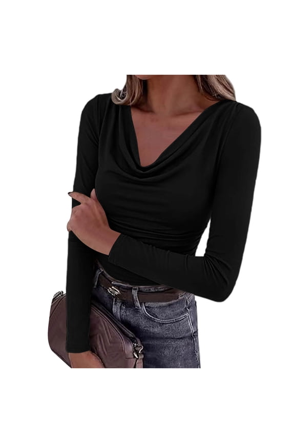 Cowl Neck Tops for Women Elegant Casual Solid Color Long Sleeve Shirts Fall Dating Outfits