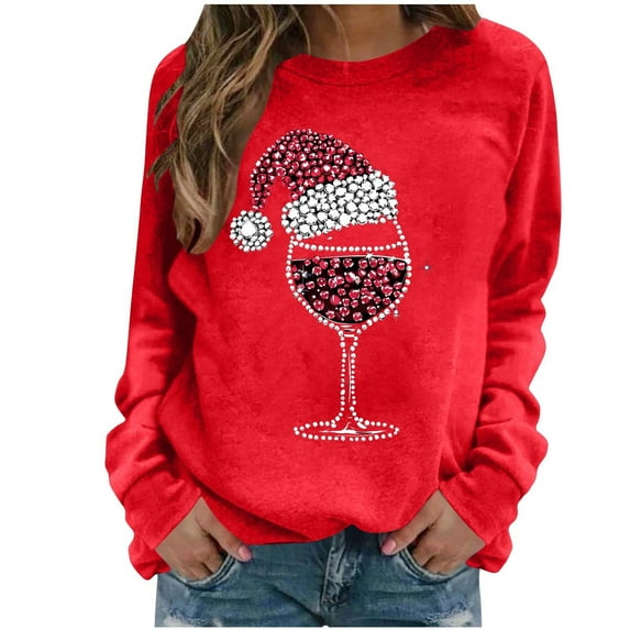 cocolona Crewneck Sweatshirts for Women Christmas Long Sleeve Shirts Xmas Wine Glass Graphic Sweatshirts Fall Pullover Tops Casual Blouses Christmas Gifts