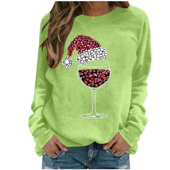 cocolona Crewneck Sweatshirts for Women Christmas Long Sleeve Shirts Xmas Wine Glass Graphic Sweatshirts Fall Pullover Tops Casual Blouses Christmas Gifts