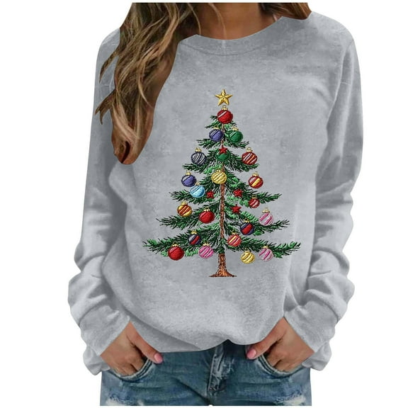 cocolona Crewneck Sweatshirts for Women Christmas Long Sleeve Shirts Xmas Tree Graphic Sweatshirts Fall Pullover Tops Casual Blouses Christmas Gifts