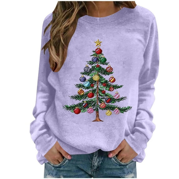 cocolona Crewneck Sweatshirts for Women Christmas Long Sleeve Shirts Xmas Tree Graphic Sweatshirts Fall Pullover Tops Casual Blouses Christmas Gifts