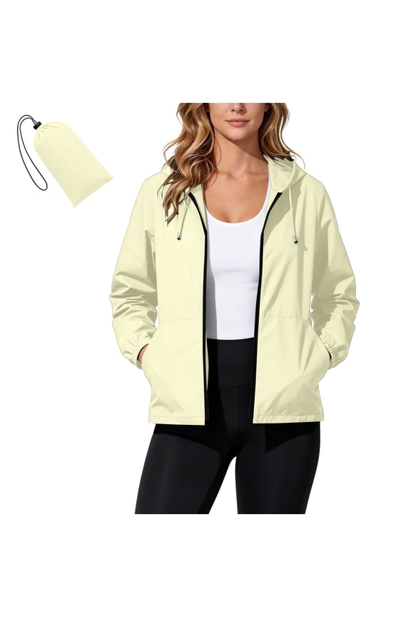 Crop Rain Jacket for Women Hooded LightWight Full-zip Waterproof Windbreaker with Pockets Rain Coat Drawstring Casual Solid Color Outerwear