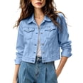 thumbnail image 1 of cocolona Cropped Denim Jacket for Women Button Down Long Sleeve Collared Jean Jacket Solid Color Fall Tops with Pockets, 1 of 5