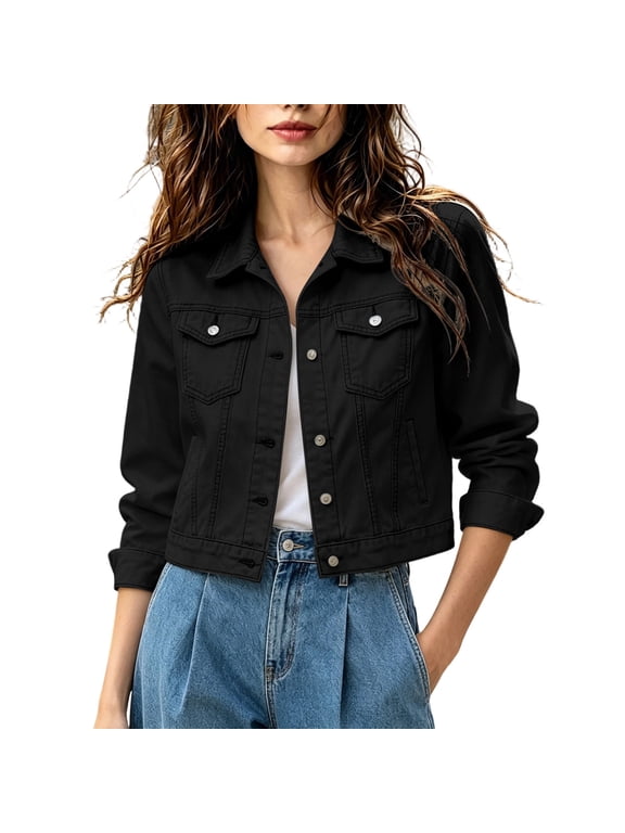 Cropped Denim Jacket for Women Button Down Long Sleeve Collared Jean Jacket Solid Color Fall Tops with Pockets