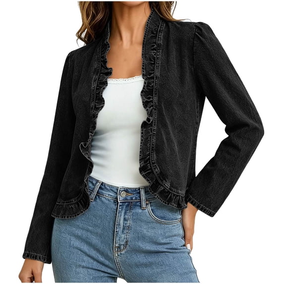 cocolona Cropped Denim Jacket for Women Ruffle Open Front Long Sleeve Cardigan Fall Trendy Casual Outfits