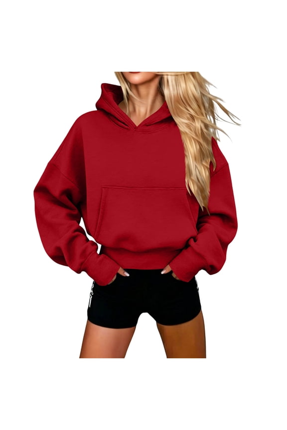 Cropped Hoodies for Women Long Sleeve Cinched hem Casual Drawstring Sweatshirt Fall Pullover Tops