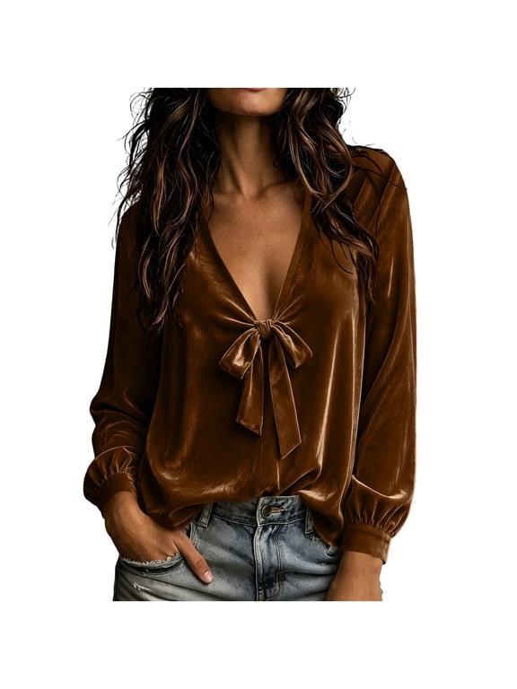 Deep V Neck Tops for Women Elegant Long Sleeve Pullover Velvet Shirts Casual Fall Solid Color Bow Blouses
