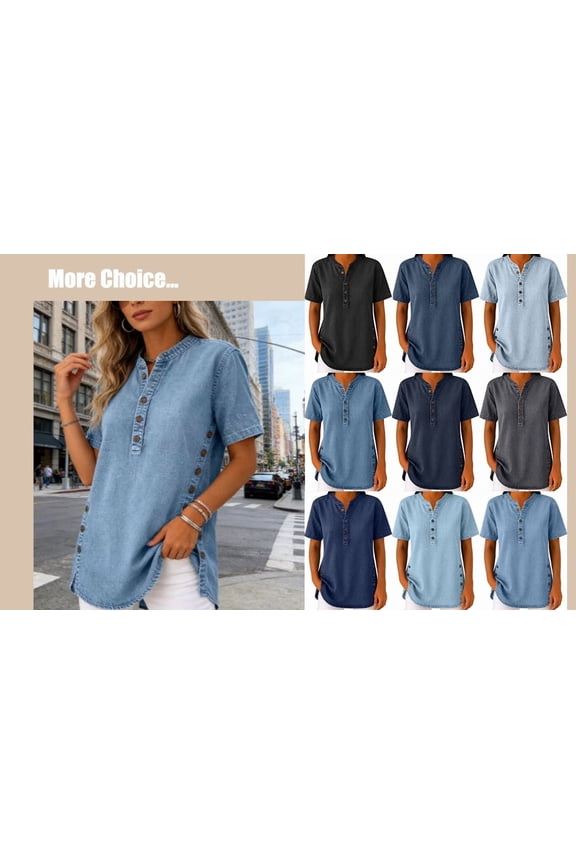 Denim Shirt Women Summer Stand Collar Short Sleeve Jeans Tops Button Down Blouses